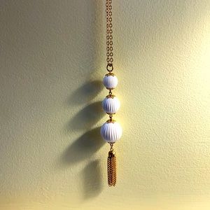 Vintage Sarah Coventry necklace three white ball beads chain tassel gold tone